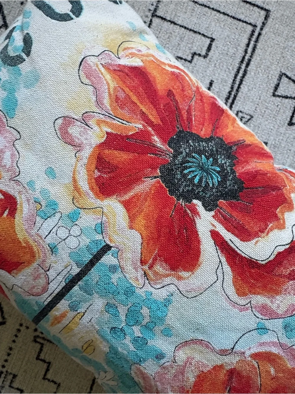 Floral Accent Pillow - Red & Turquoise Canvas Cushion